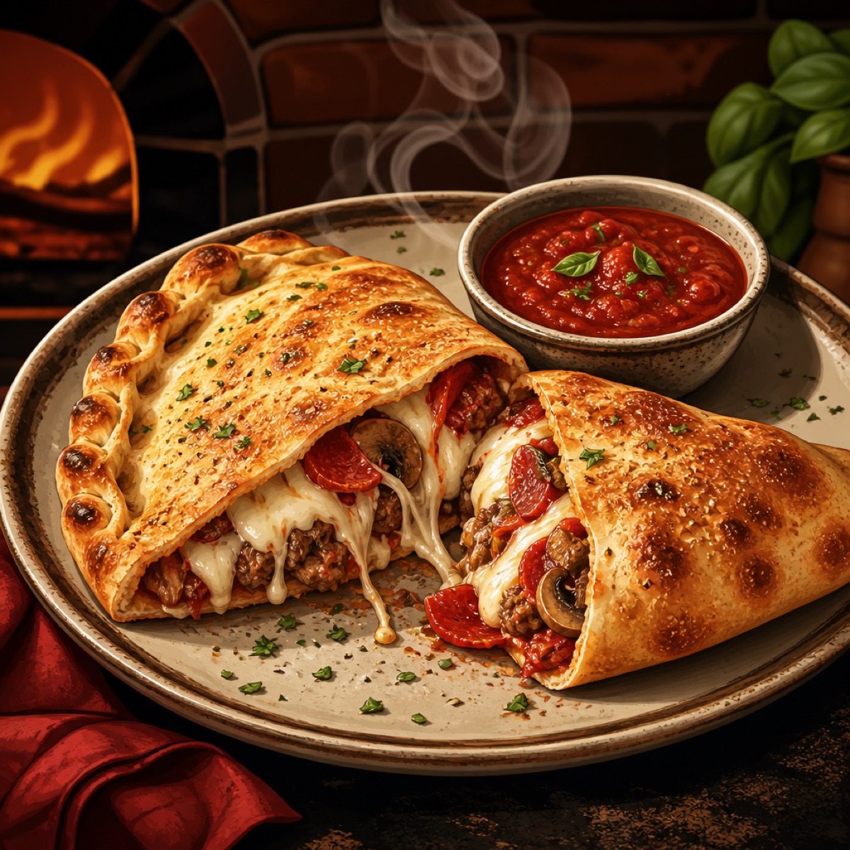 Golden baked calzone with marinara dipping sauce
