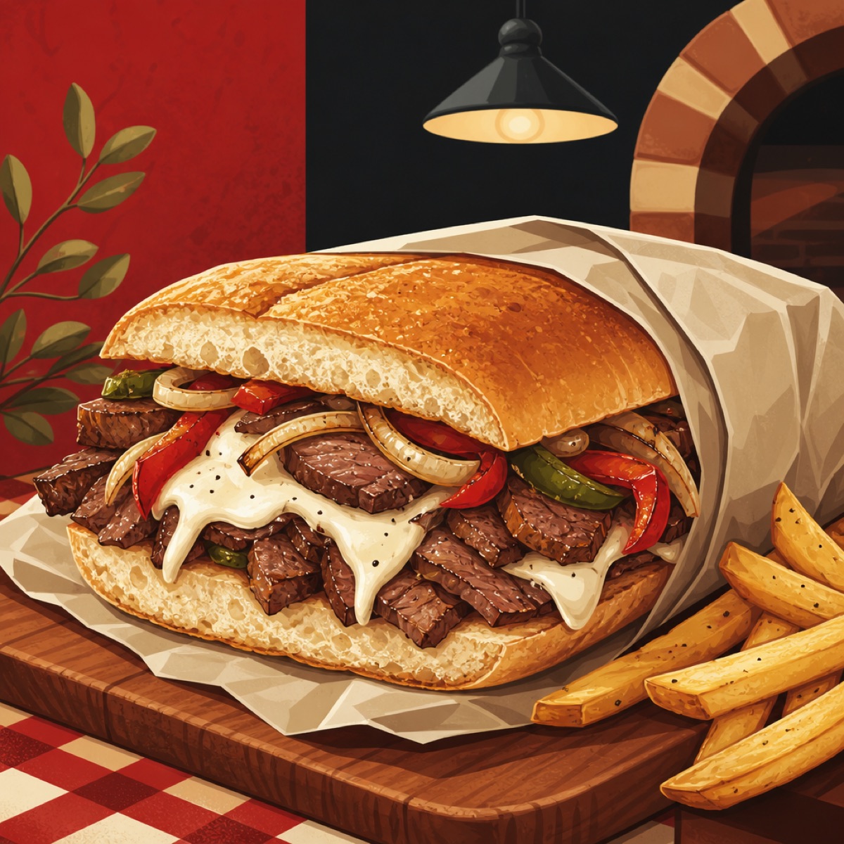 Toasted steak and cheese grinder with fries