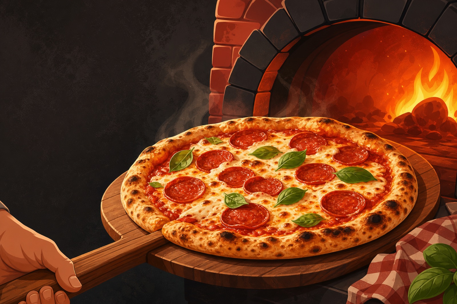 Fresh-baked pizza with melted cheese and pepperoni