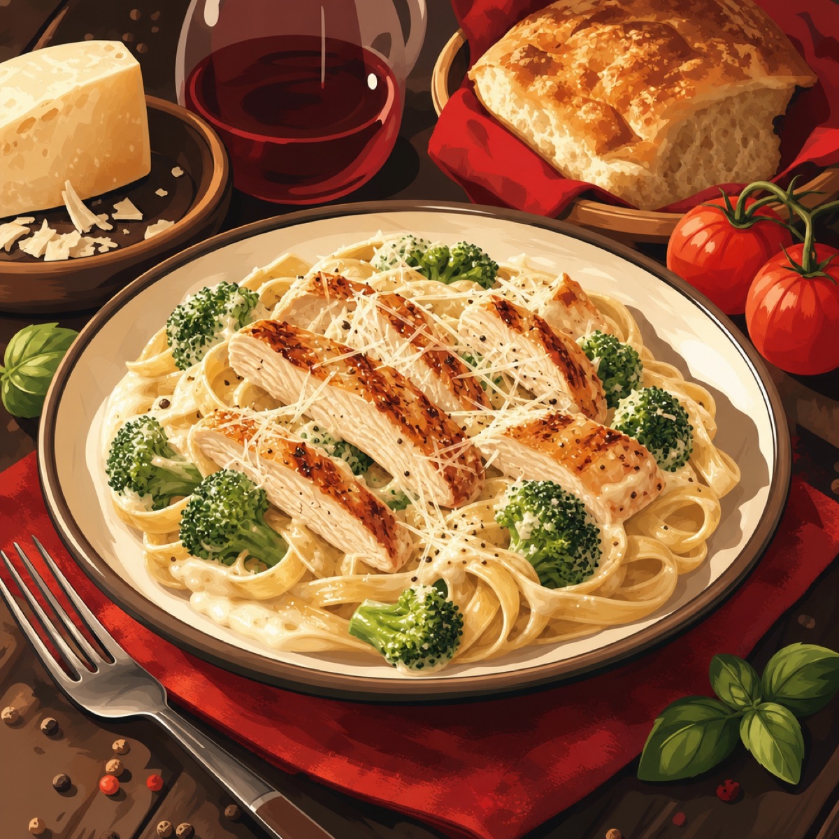 Chicken broccoli alfredo pasta with parmesan
