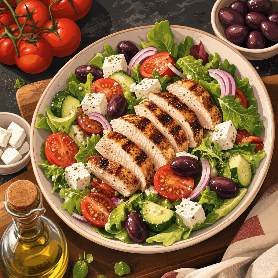 Fresh Greek salad with grilled chicken and feta